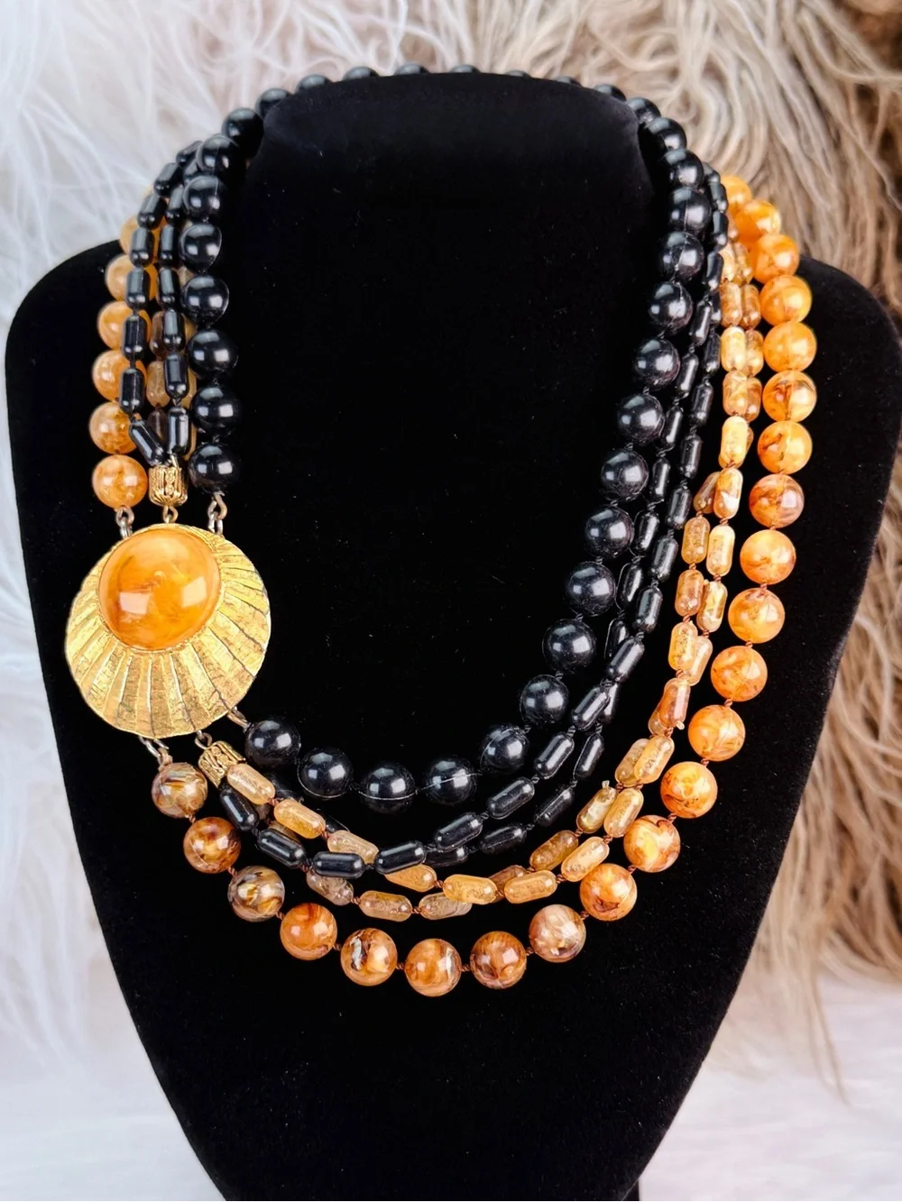 Vintage Multi Strand Black Amber Tone Bead Necklace Gold Tone Centerpiece